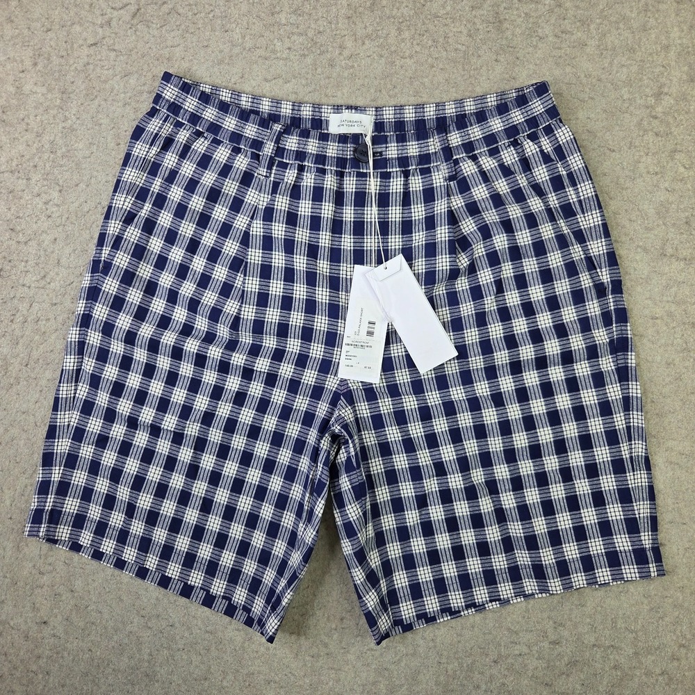 Saturdays New york City Shorts Blue Plaid Pleated Mens Large 8" Inseam NEW
